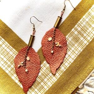Hand Crafted Brass & Leather Earrings 18k GP Ear hooks